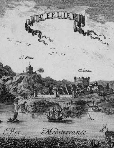 Gravat antic de Sant Feliu, amb vaixells, castell i sant Elm